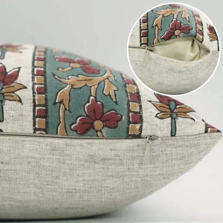 Home Decor Hand Block Print Viscose Linen Pillow Cover -Laxmi Bordar