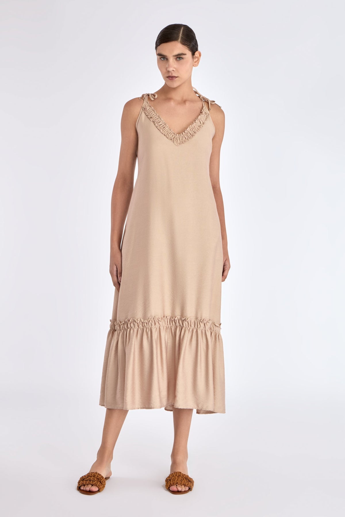 Blake Ruffle Detail Maxi Dress | Nude