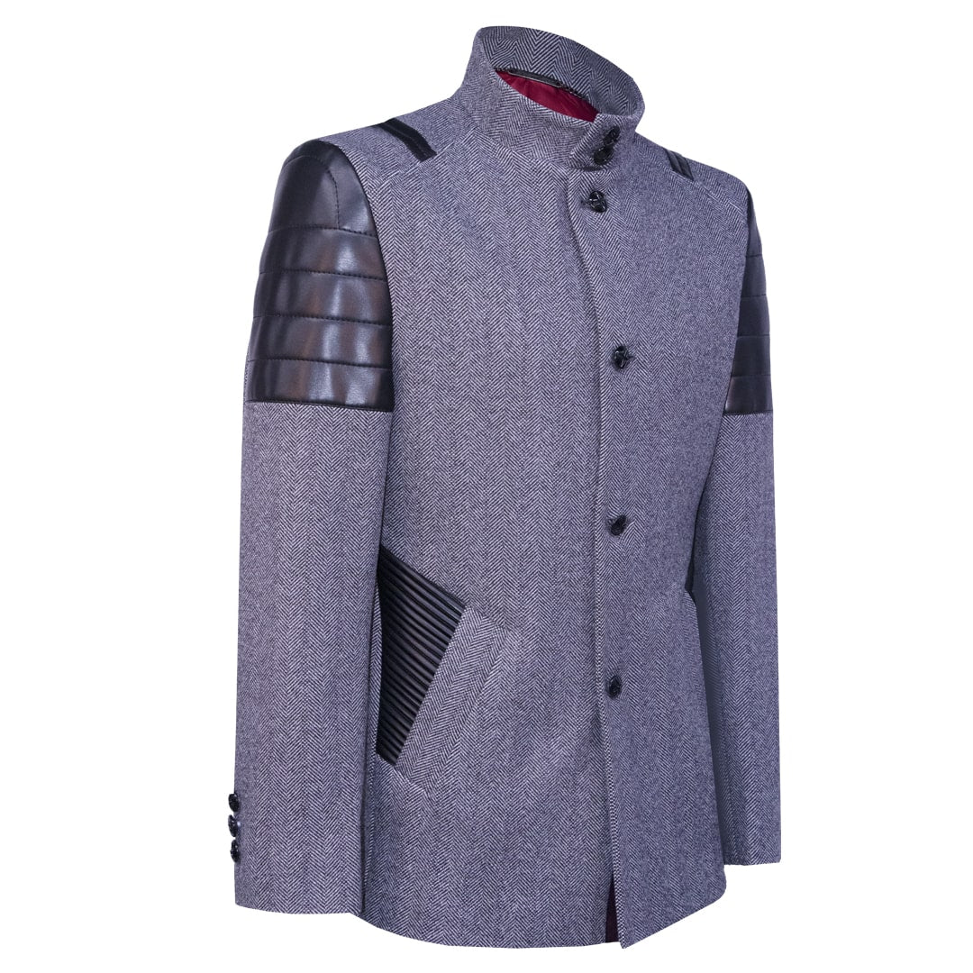 Gray coat with black faux leather texture accents