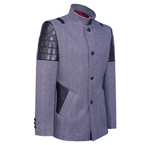 Gray coat with black faux leather texture accents