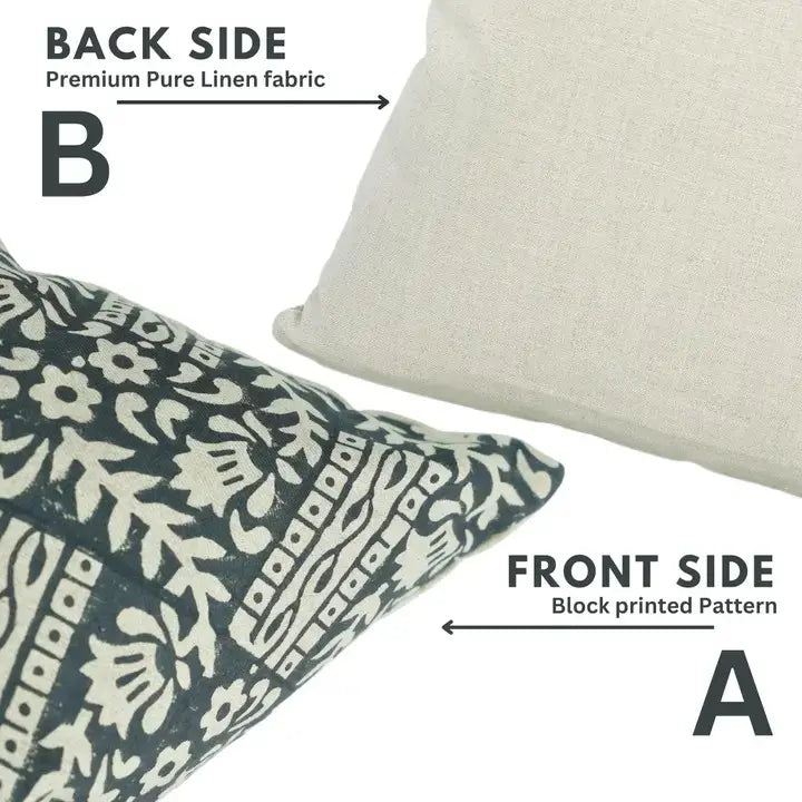 Decorative Hand-Carved Block Printed Pure Linen Pillow Cover - Mumtaz