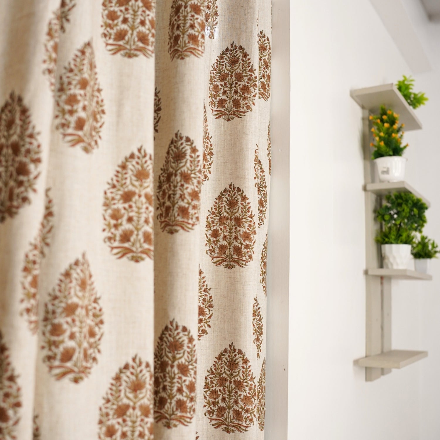 Floral Block Design Viscose Linen Ring Curtain- Kumud