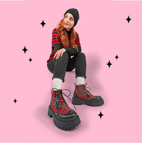 Red-tartan Women's Chunky Platform Boots