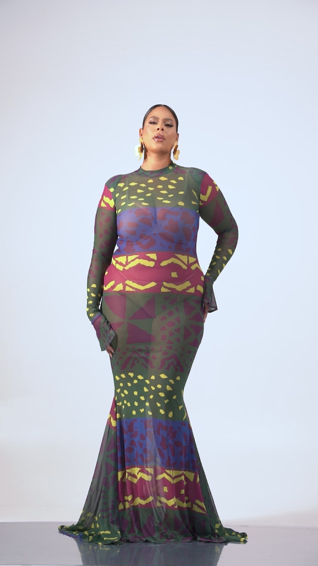 ANU GREEN LONG SLEEVE MAXI MESH DRESS