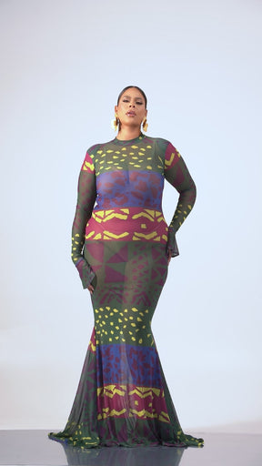 ANU GREEN LONG SLEEVE MAXI MESH DRESS