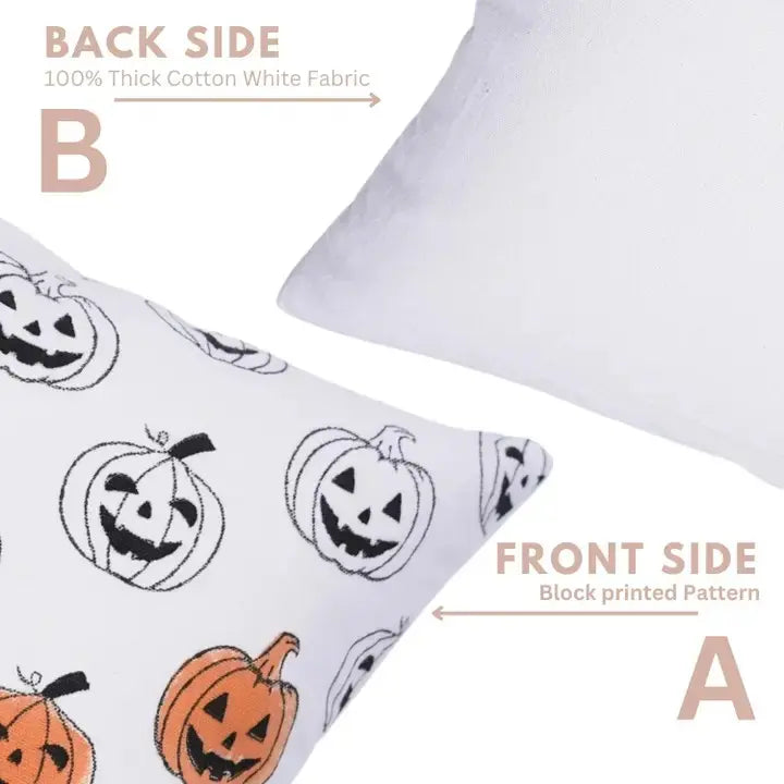 Decorative Handmade Block Printed Thick Cotton White Pillow Cover - Pumpkin