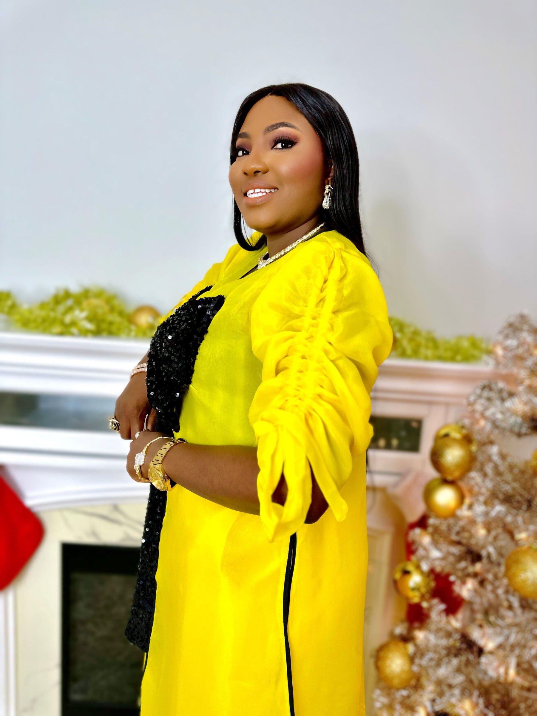 Yellow kimono with black bow sequin and white wide leg pant set