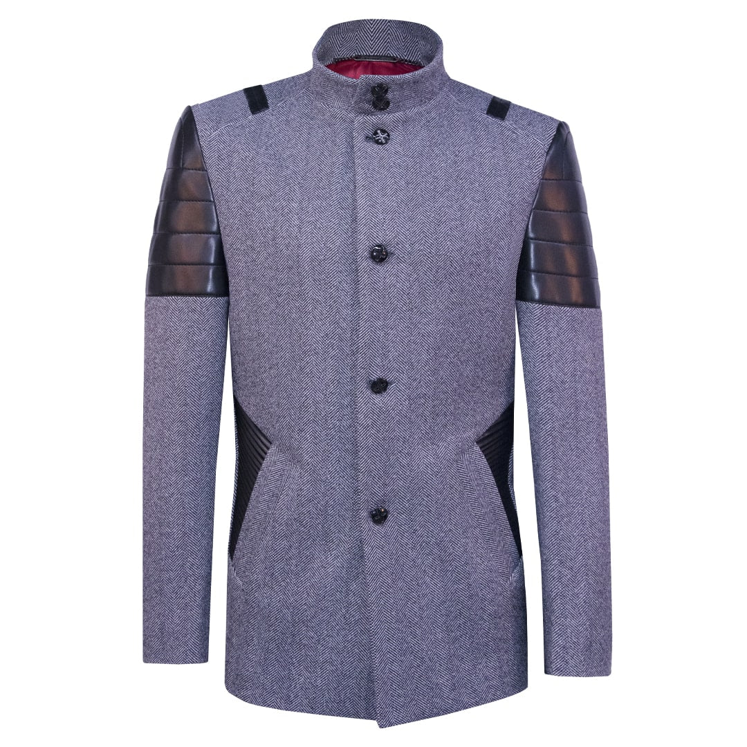 Gray coat with black faux leather texture accents