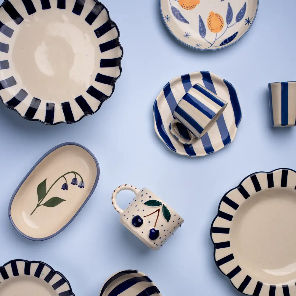 Ceramic Stripe  Coffee cup- Dark Blue  220ml (Set of 2)