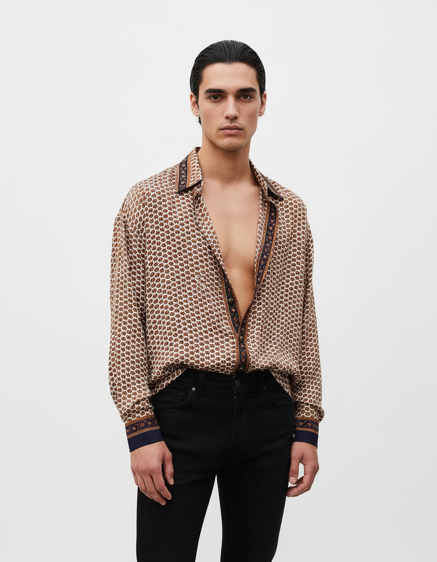 Embossed Botanical Long Sleeve Crepe Shirt