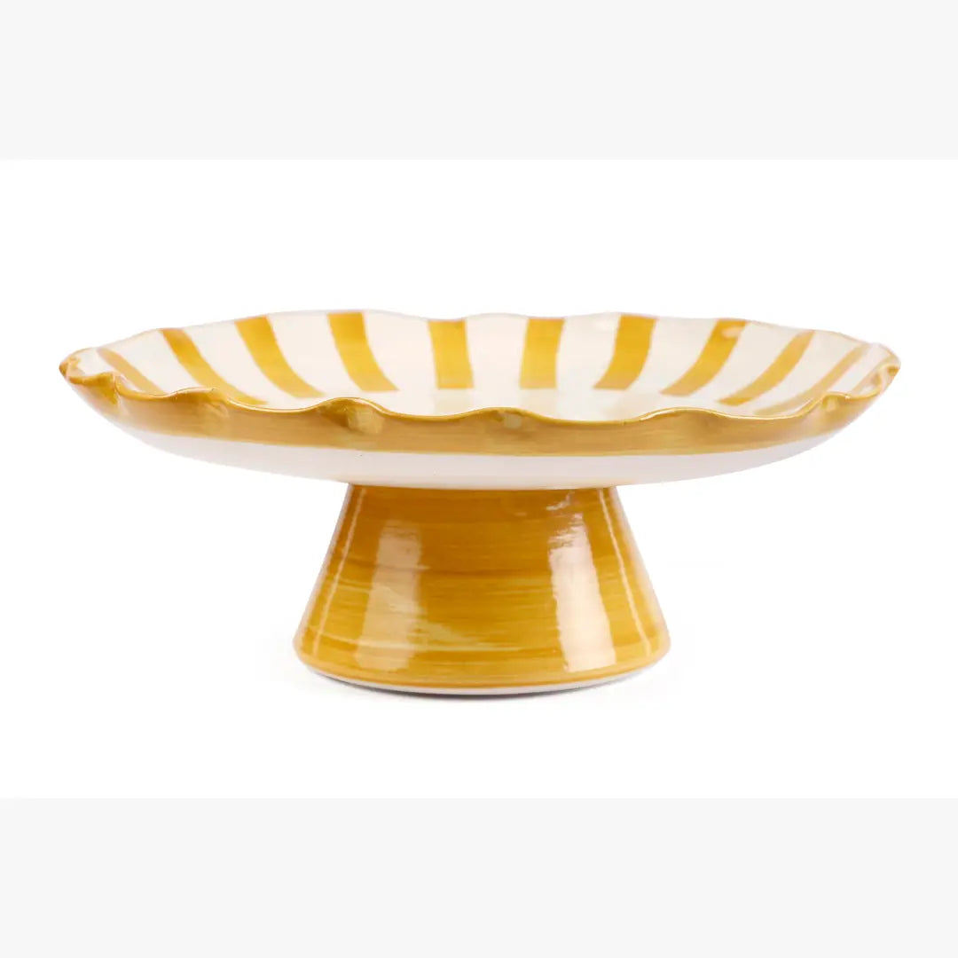 Ceramic Stripe Cake Stand, Yellow  - 10 x 10 x 3.75 Inches