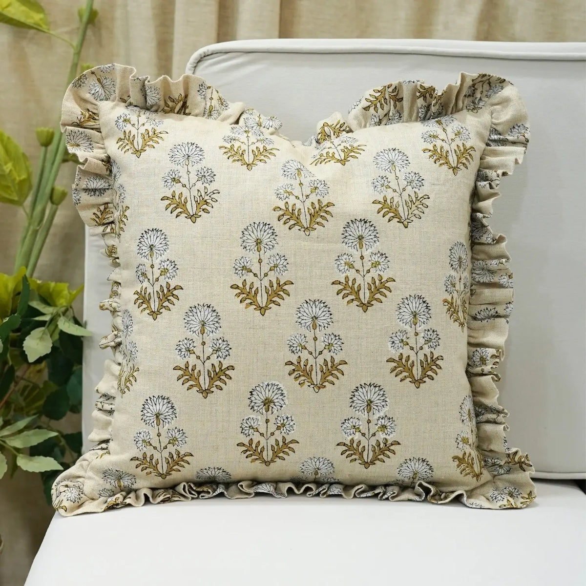 Stylish Hand Block Print Pure Linen Frill Pillow Cover - Rishi