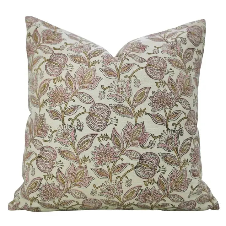 Natural Block Print Linen Blend Pillow Cover - Custard Apple