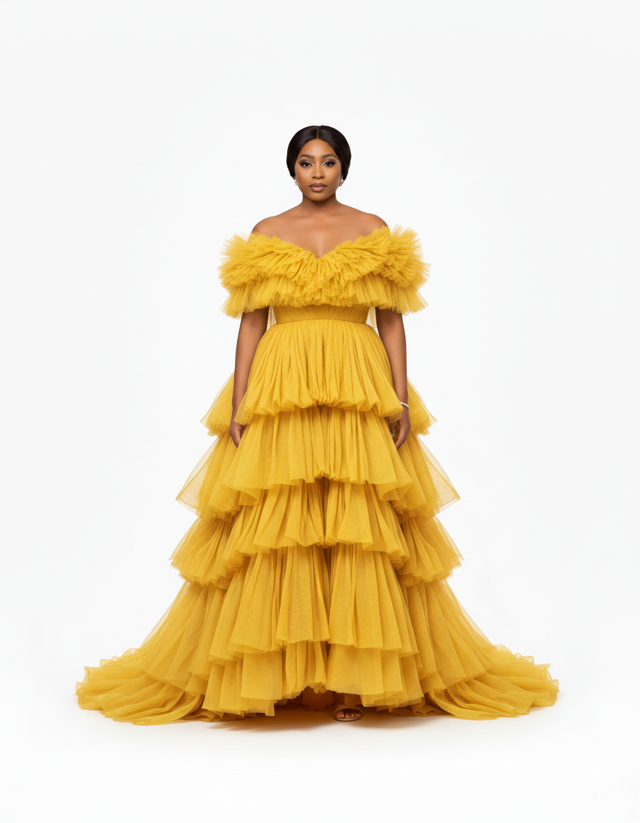 Aurelia Golden Tiered Tulle Off-the shoulder Gown