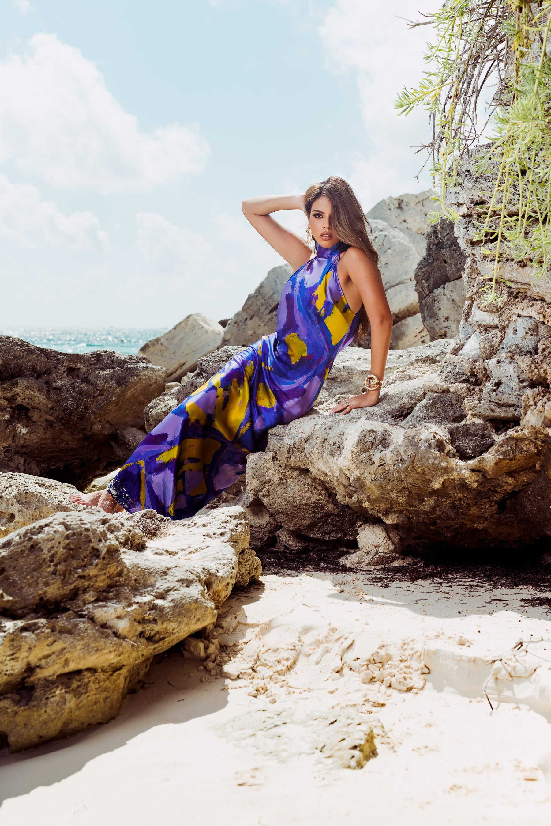 Purple Gold Abstract I High Neck Bias Cut Dress