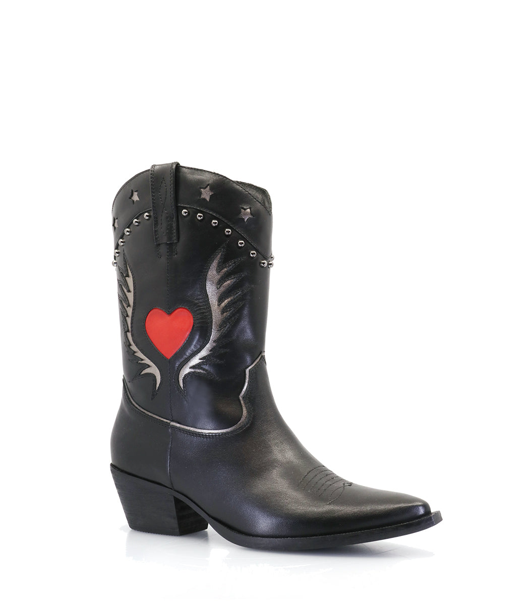 Texas Heart & Star Leather Black Boots Shirp