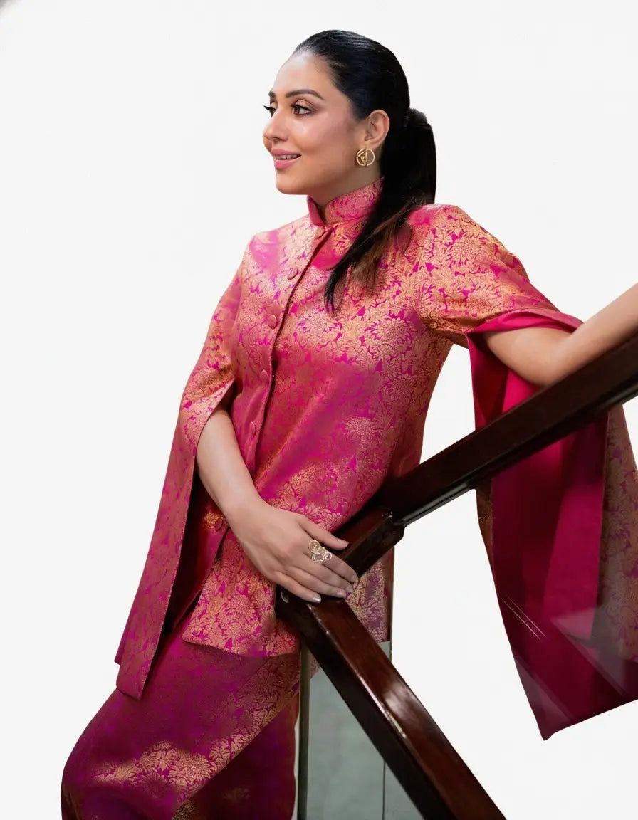 Jodha Banarasi Jacket: Women's Fuchsia Gold Floral Indowestern Wear