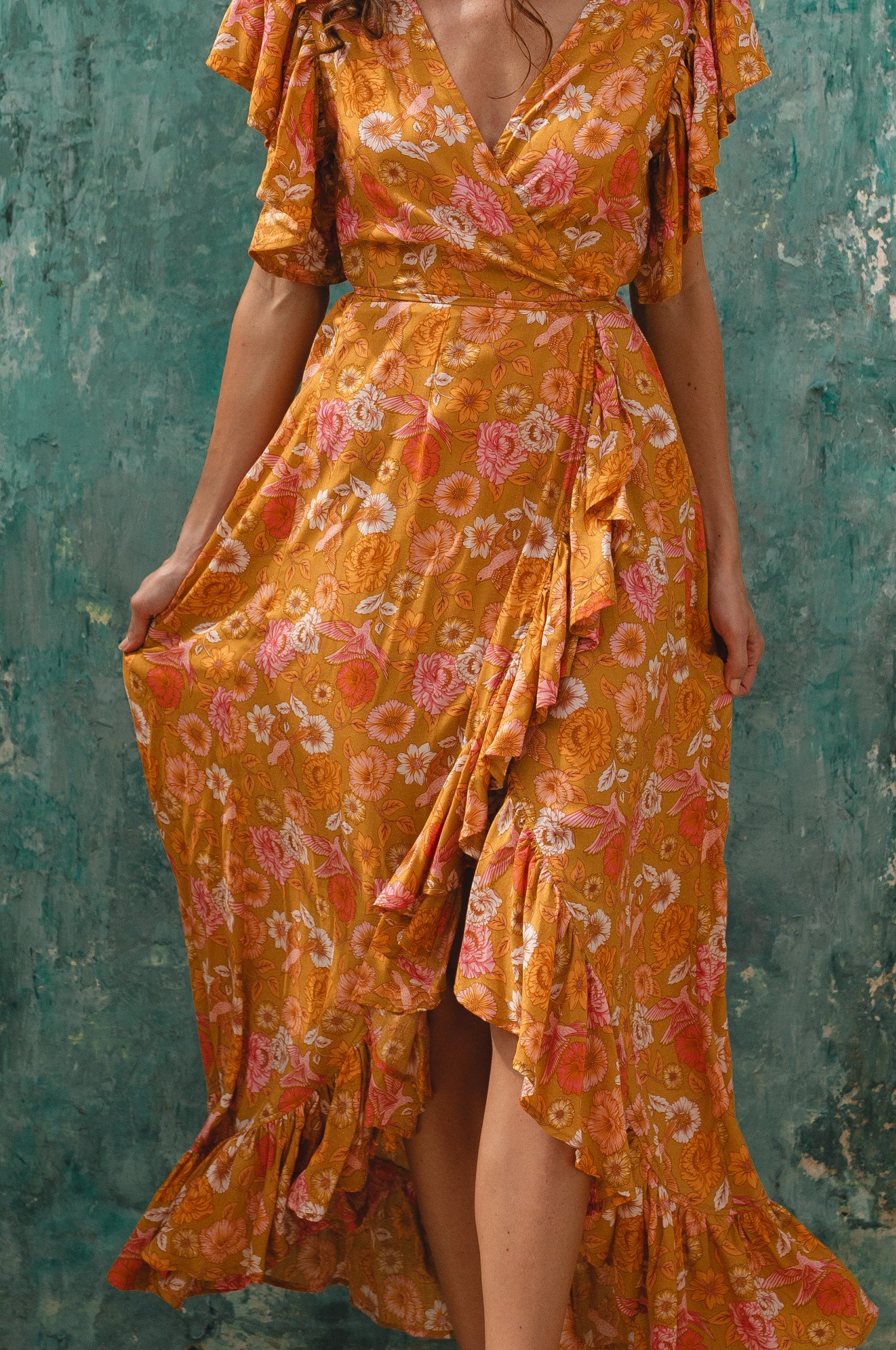 Carmen Wrap Maxi Dress - Golden Birds