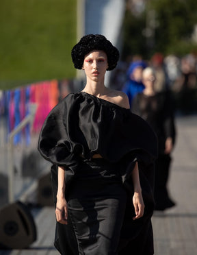 2- piece Kese black cape high low with long pencil skirt