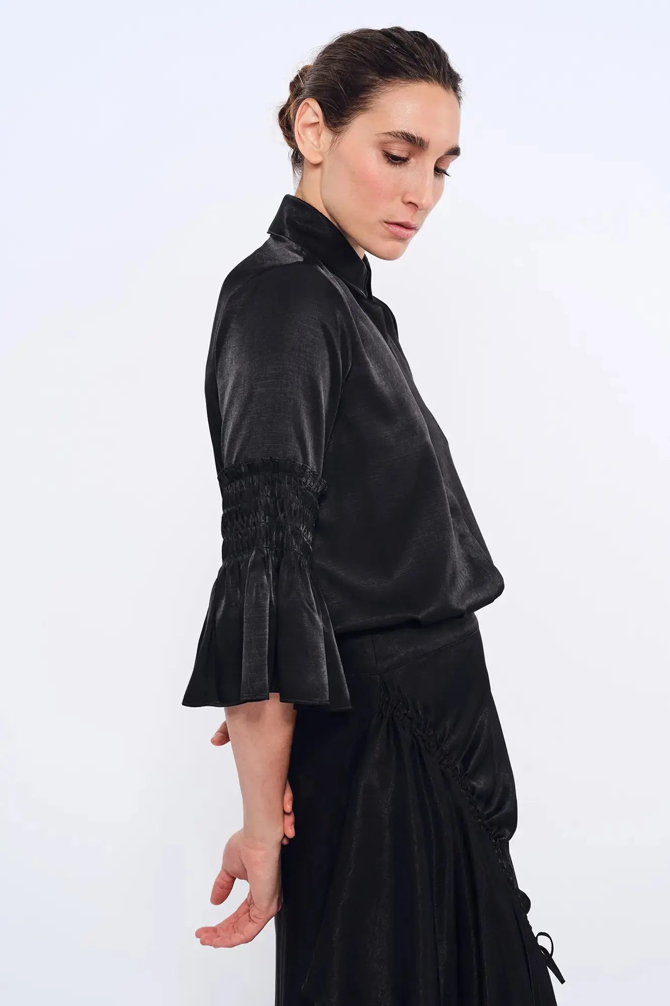 Fina Smocked Sleeve Blouse | Black