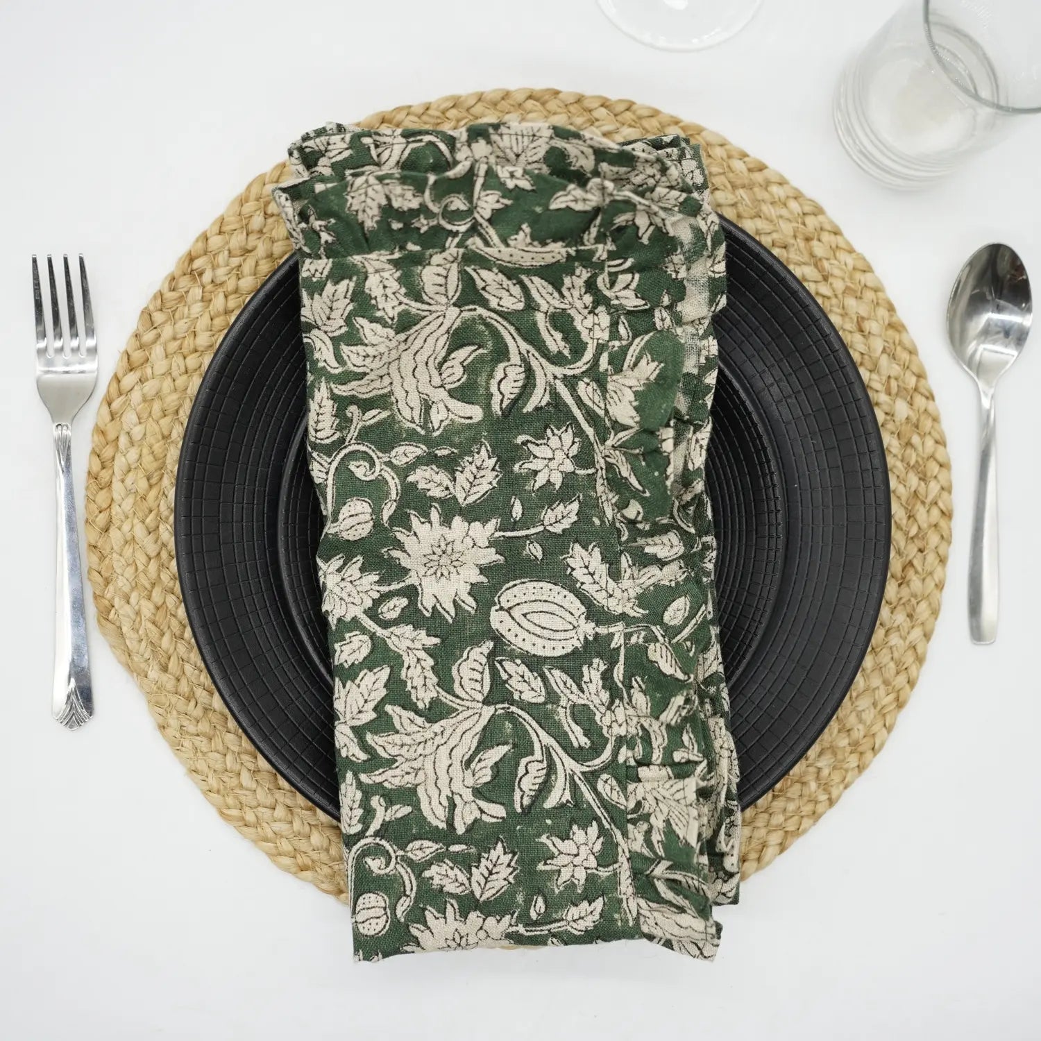 Classic Indian Block Print Pure Linen Frill Napkins Set of 4 - Manikarnika