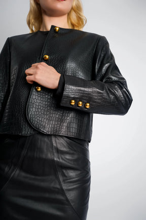 Black Lamb Leather Jacket with Gold Buttons &amp; Snake Print – Timeless Elegance &amp; Sophistication