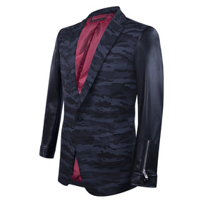 Gray camouflage blazer combined with synthetic leather
