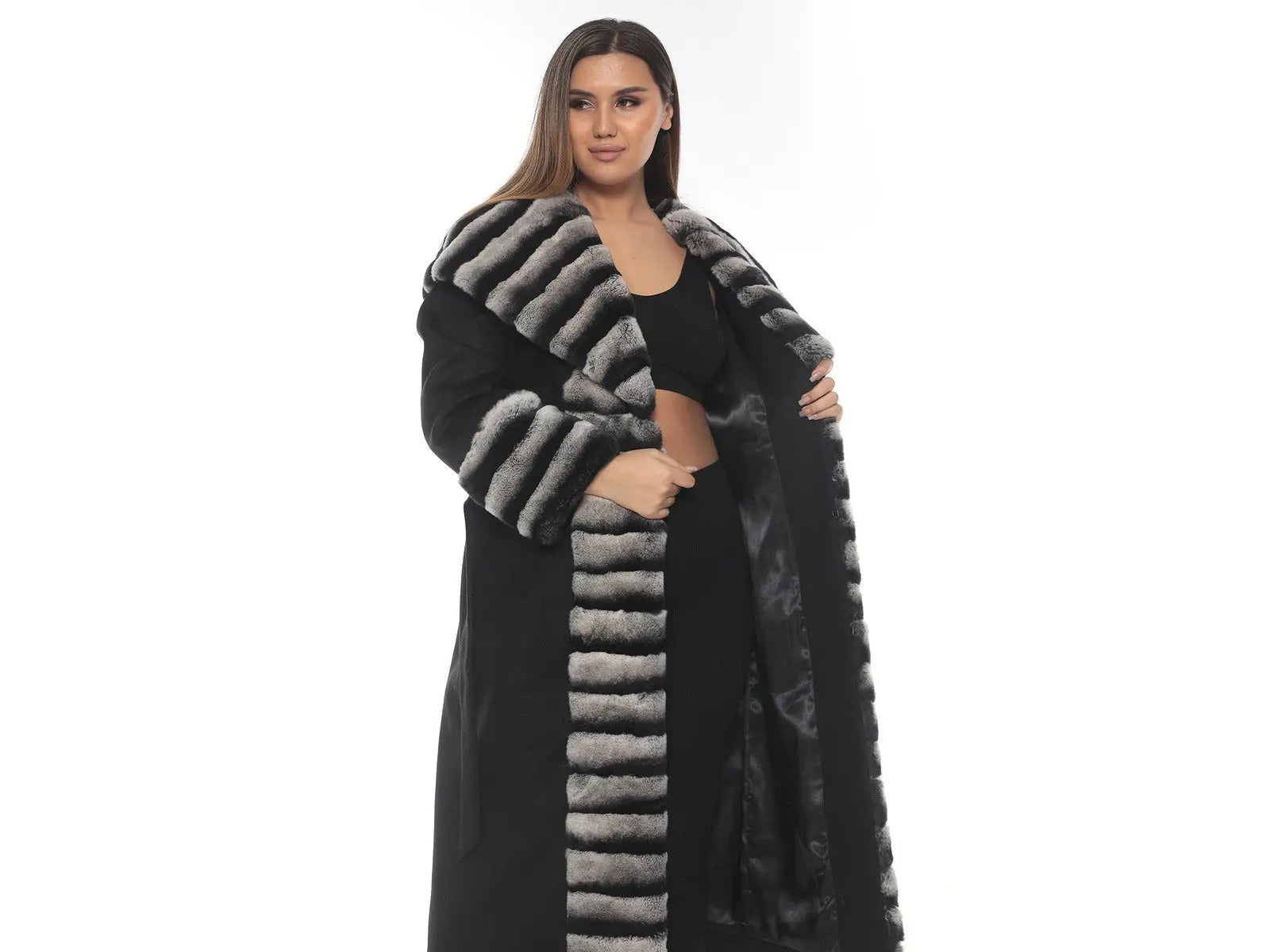 Luxury Black Cashmere Coat with Ethical Rex Fur Trim