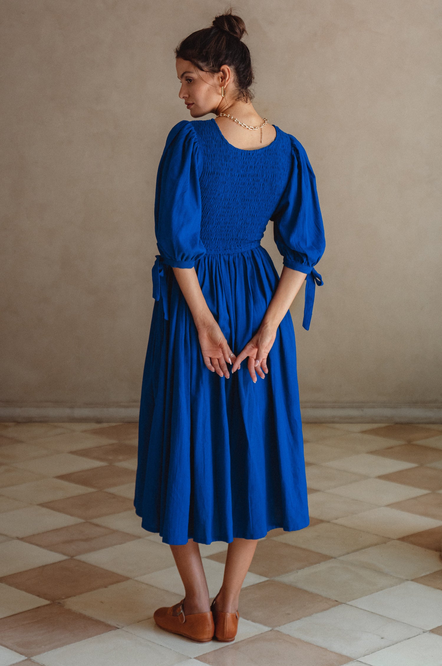 Freya Smocked Linen Midi Dress - Sapphire