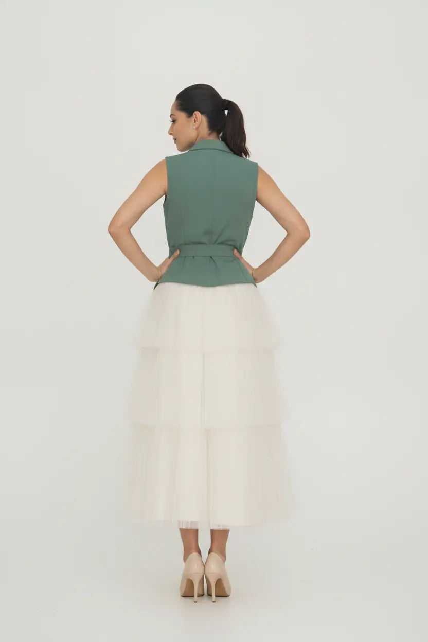 Ivory Layer Skirt & Sea-green Waist Coat – Fresh Elegance