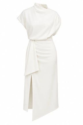 Ivory One-shoulder Draped Midi Dress