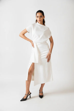 Ivory One-shoulder Draped Midi Dress