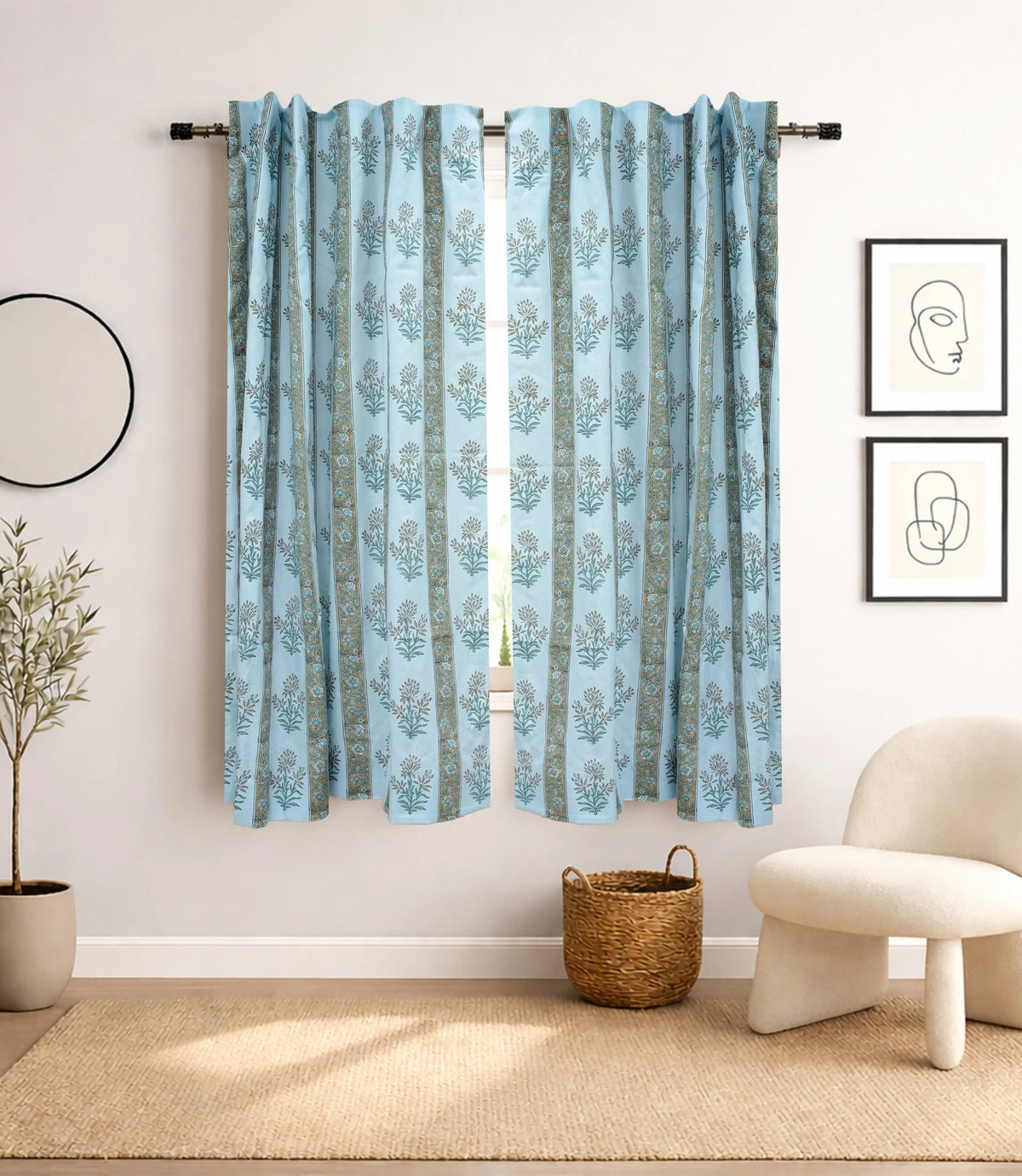 Handmade Noor Floral Block Print Linen Curtain