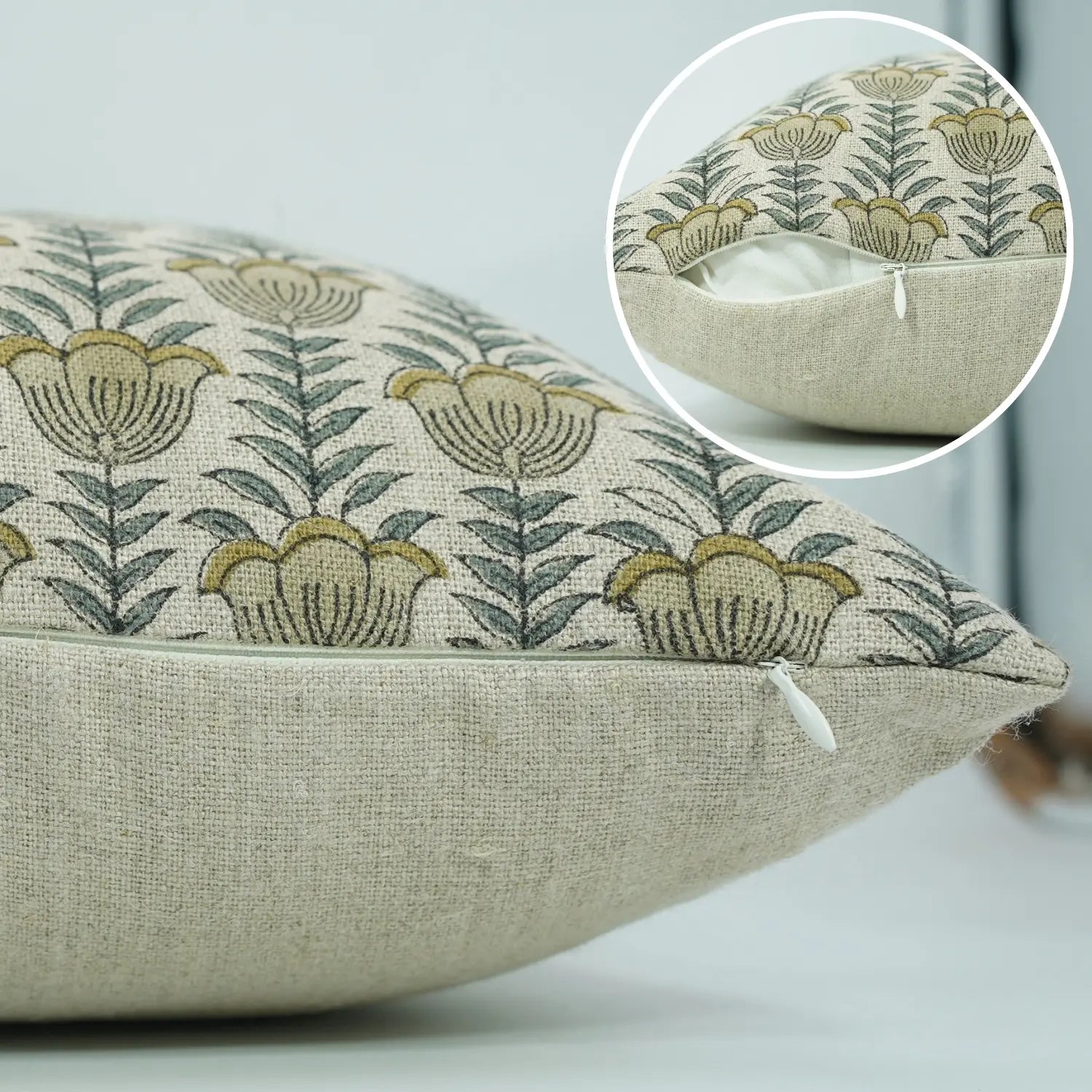 Hand l Block Print Thick Linen Pillow Cover - Lotus