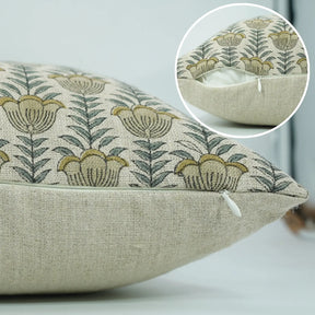 Hand l Block Print Thick Linen Pillow Cover - Lotus