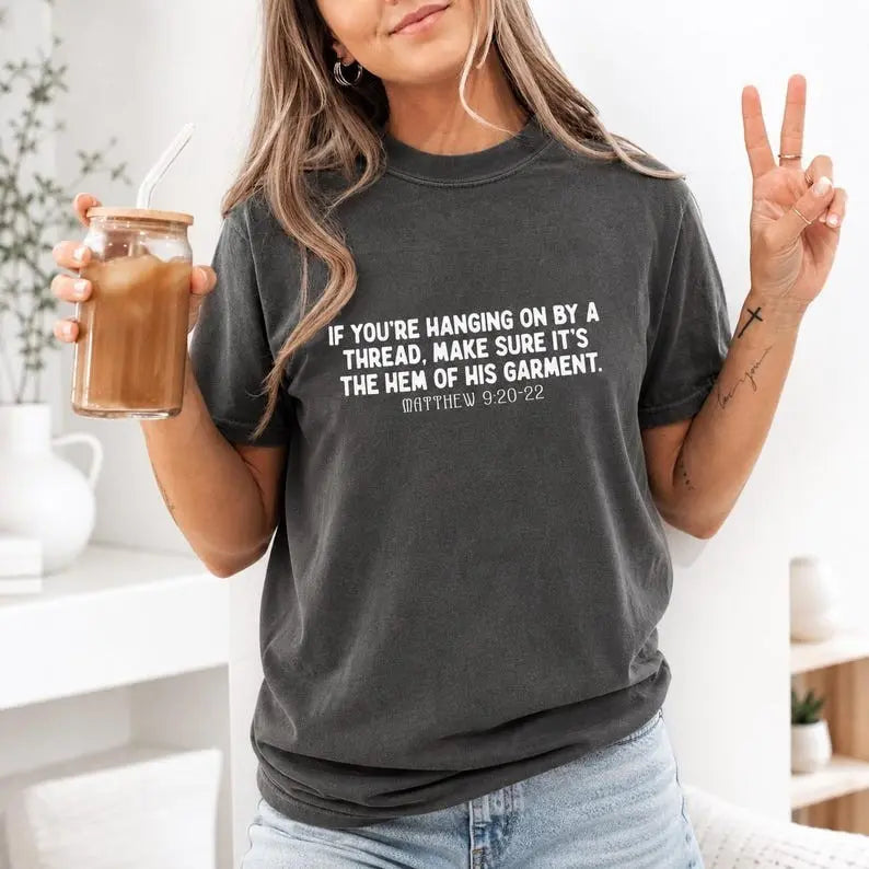 Hem Of His Garment Scripture Graphic T-Shirt | Pepper Charcoal Christian Cotton Tee