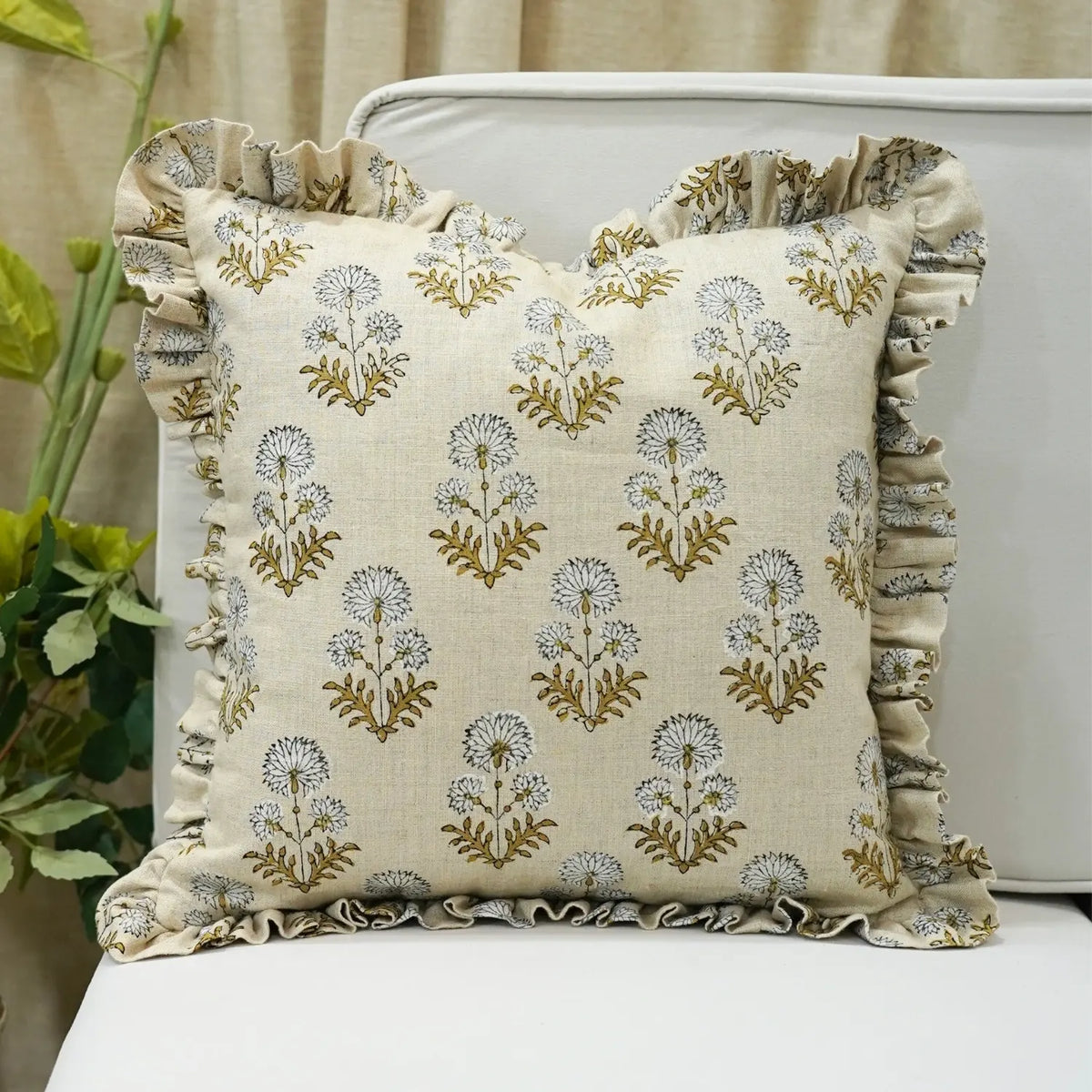 Stylish Hand Block Print Pure Linen Frill Pillow Cover - Rishi