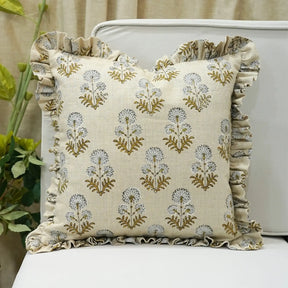 Stylish Hand Block Print Pure Linen Frill Pillow Cover - Rishi