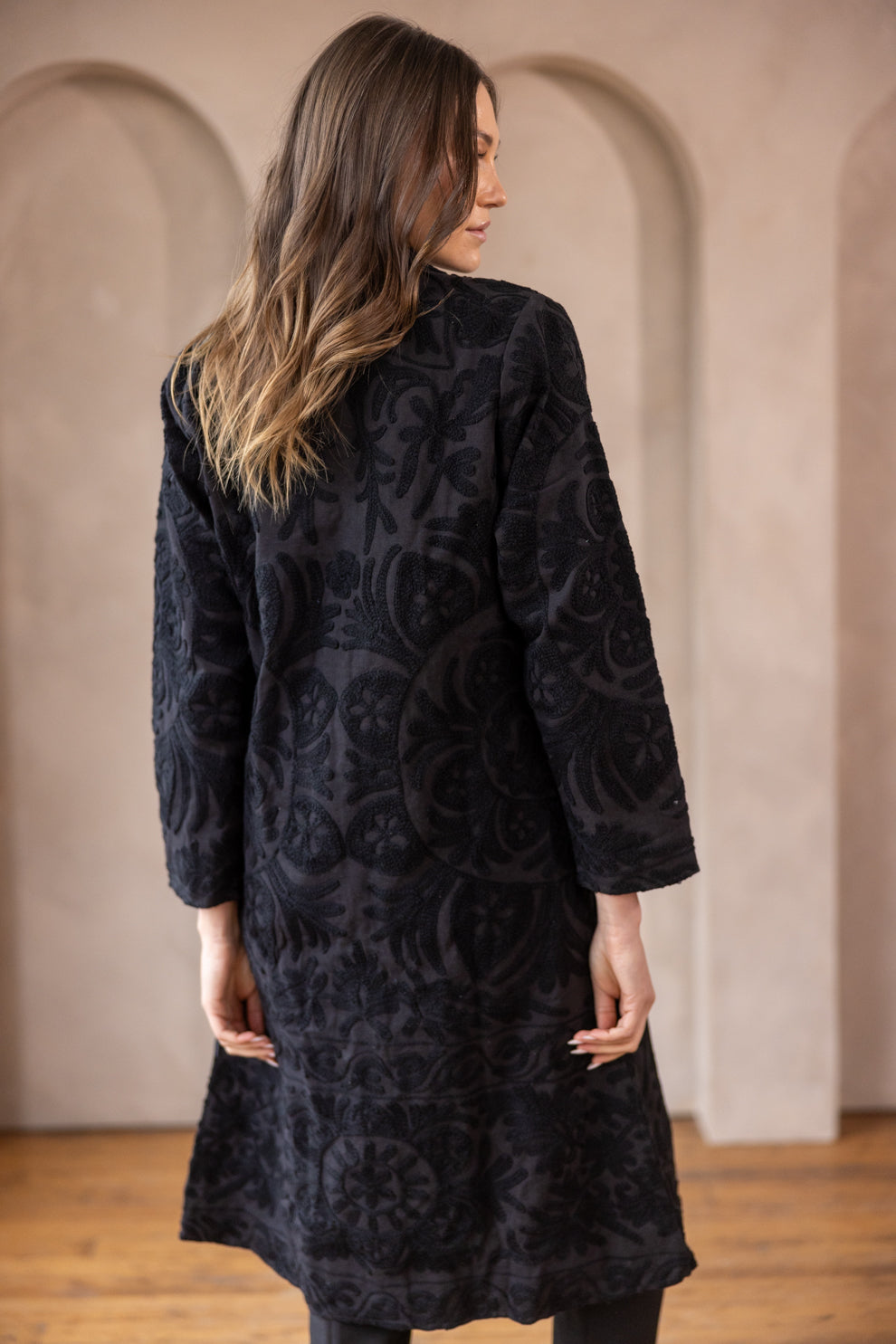 Malika Coats - Black with Black Embroidery