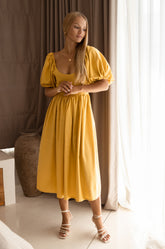 Cherie Puff Sleeve Midi Dress - Honey Cream