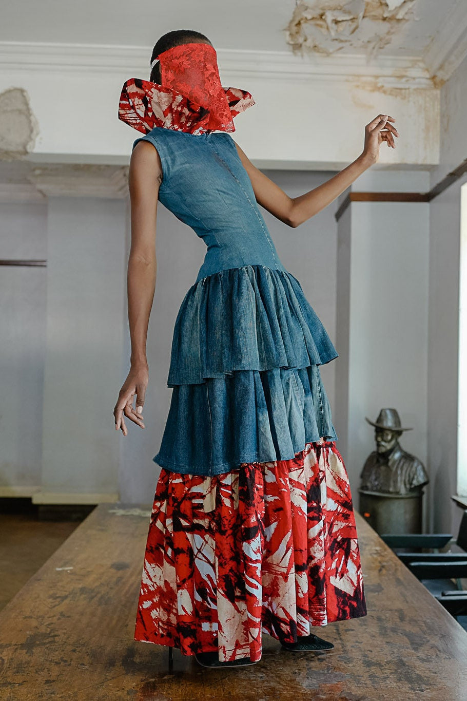 Upcycled Denim & Batik Maxi Dress