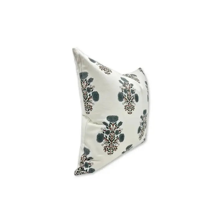 Floral Hand Made Block DesignThick Cotton White Pillow Cover  - Swadesh