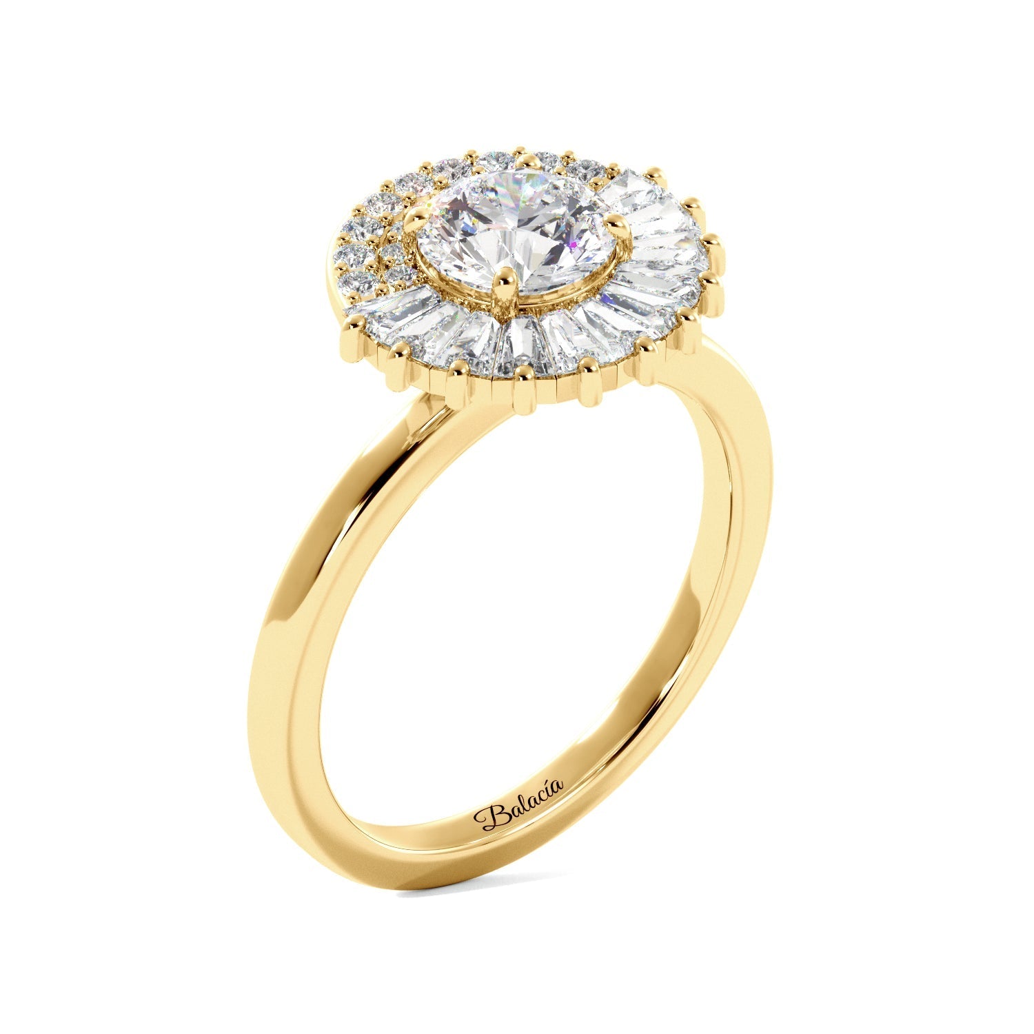 Round Tapered Baguette Halo Diamond Engagement Ring