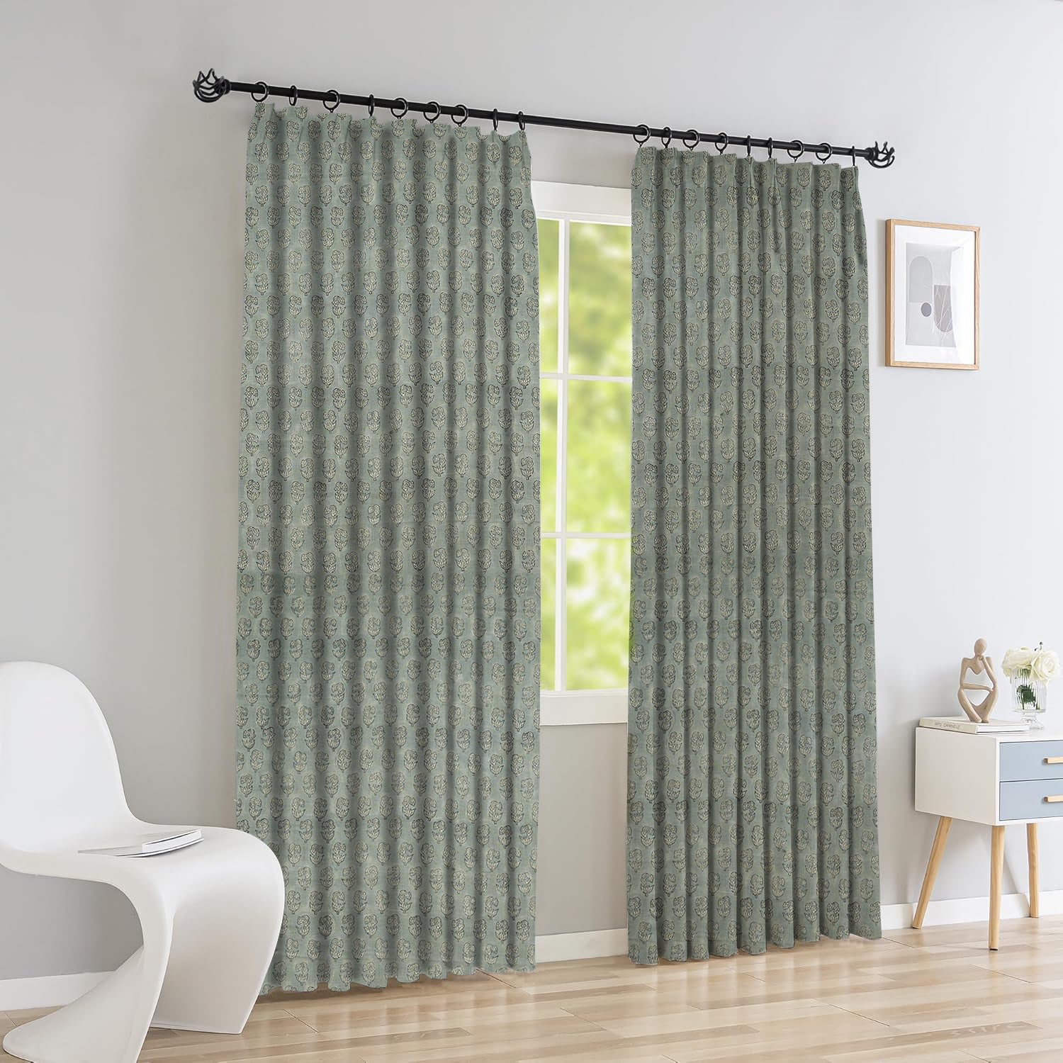 Floral Block Print Pure Linen Pleated Curtain - Superstar