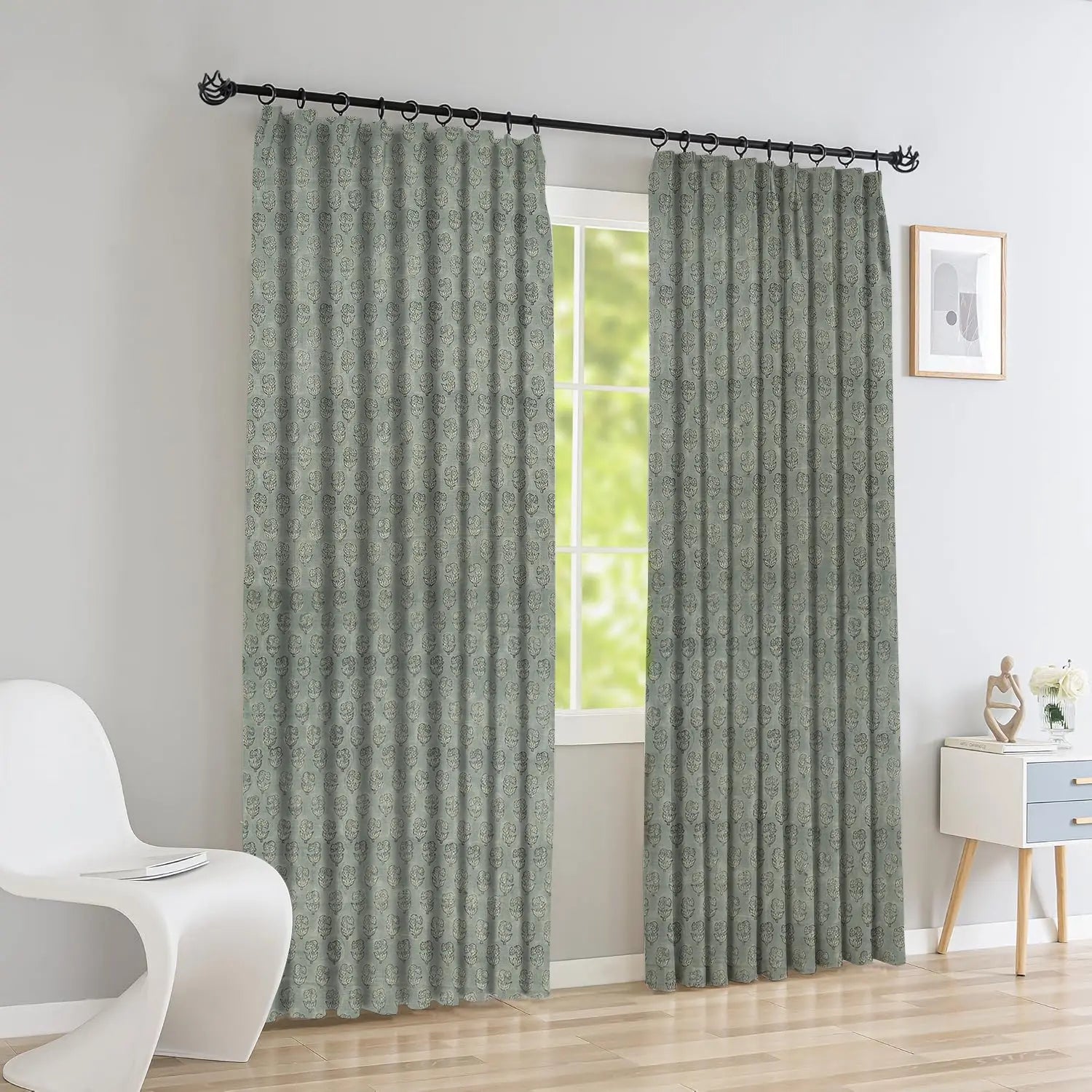 Floral Block Print Pure Linen Pleated Curtain - Superstar