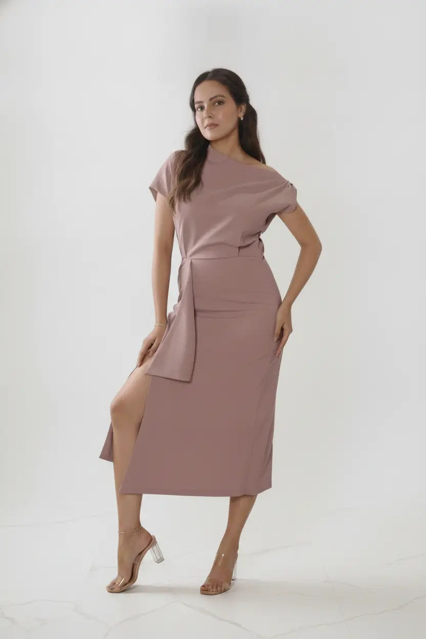 Blush Pink One-shoulder Draped Midi Dress
