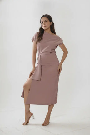 Blush Pink One-shoulder Draped Midi Dress