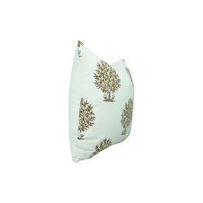 Floral Handmade Block Printed Thick Cotton White Pillow Cover - Anar
