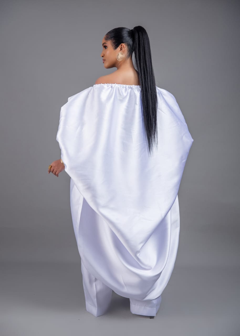 2- piece Kese white cape high low and wide leg pant set