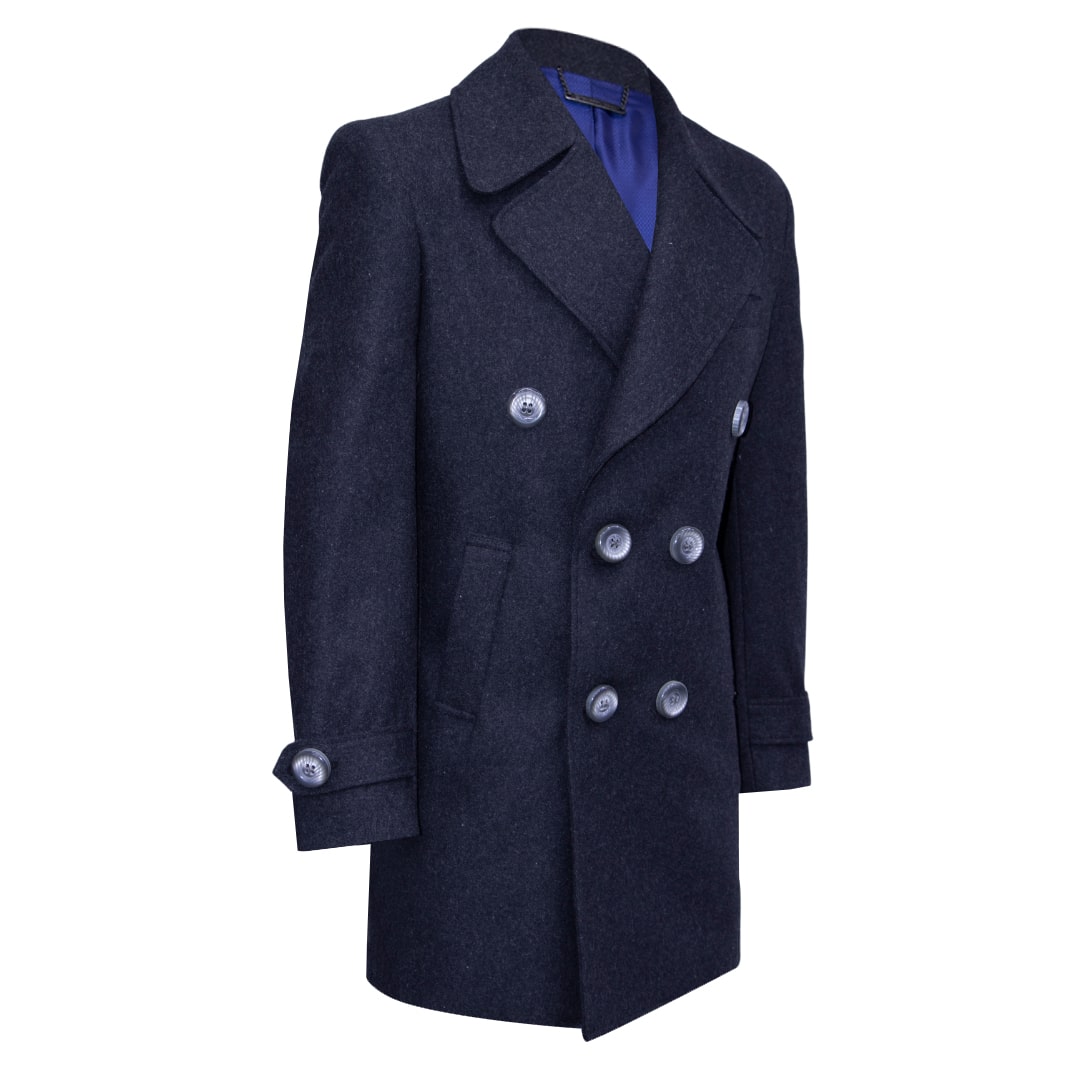Dark grey double-breasted coat with wide lapels.